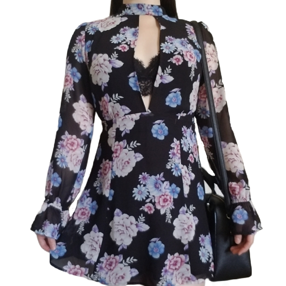 Sheer Floral Low-Cut Dress with Open-Back